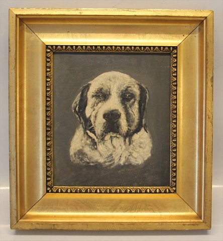 Hundemaleri Ca 34 x 31 cm inklusiv guldramme