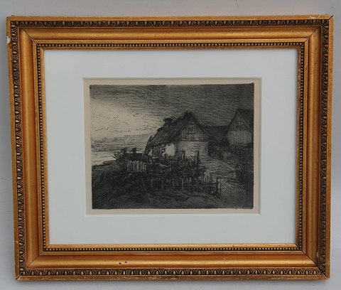 Radering: Carl Locher 1903 Fiskerhus 26.6 x 32 cm Inklusiv Guldramme