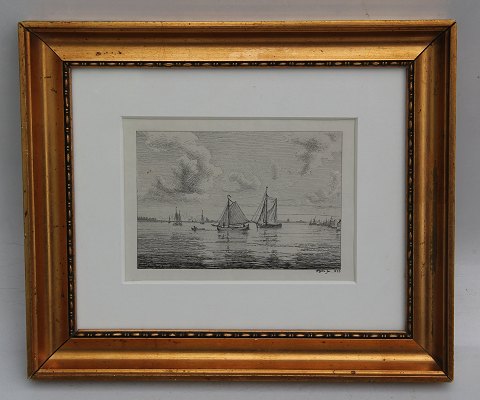 Radering: Wilhelm Kyhn 1853 Marine - skibe 25 x 29.5 cm i guldramme